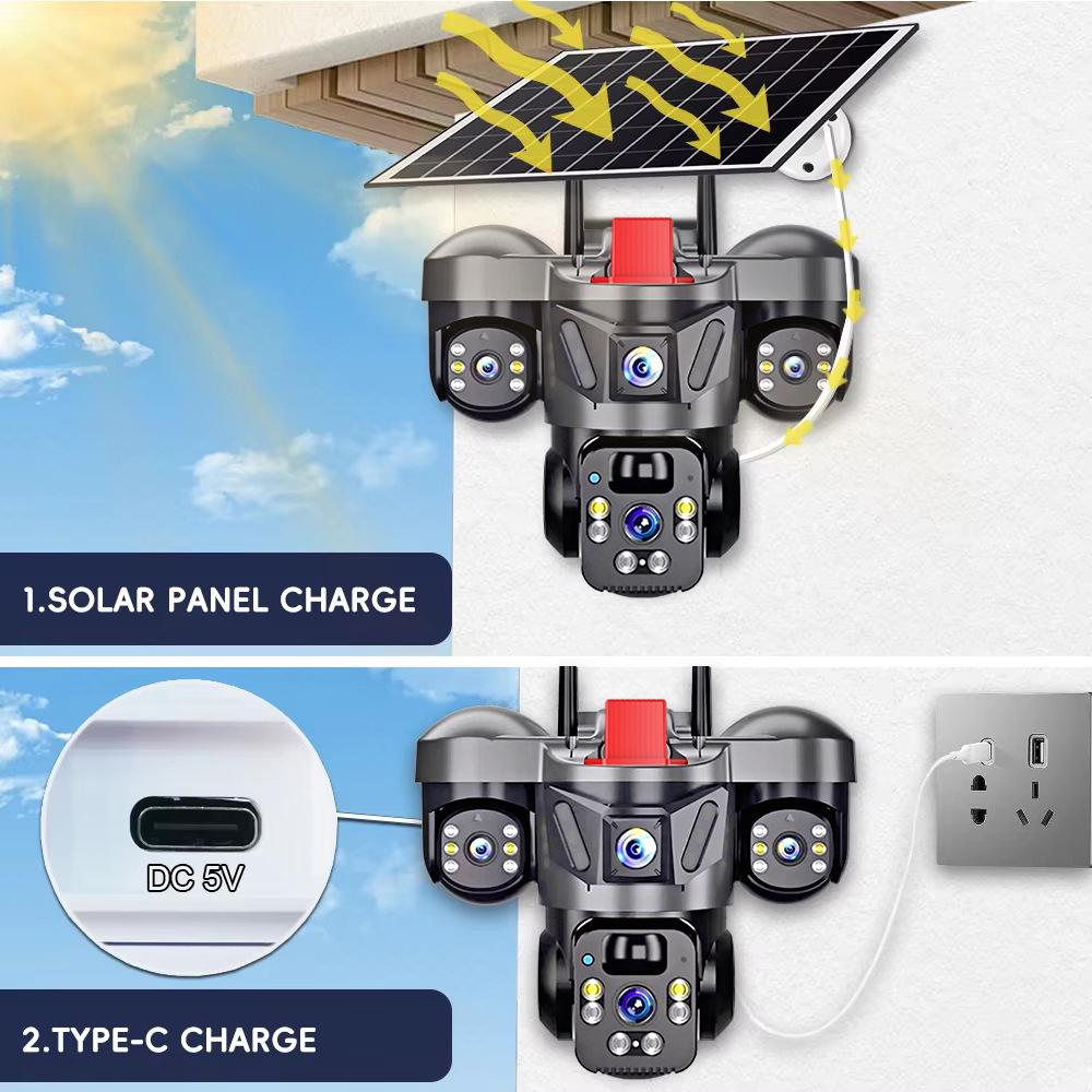 HD 4G Solar-Powered Outdoor Surveillance Camera with Tri-Lens, WiFi, Night Vision, Remote Access, and Waterproof Design for Home Use