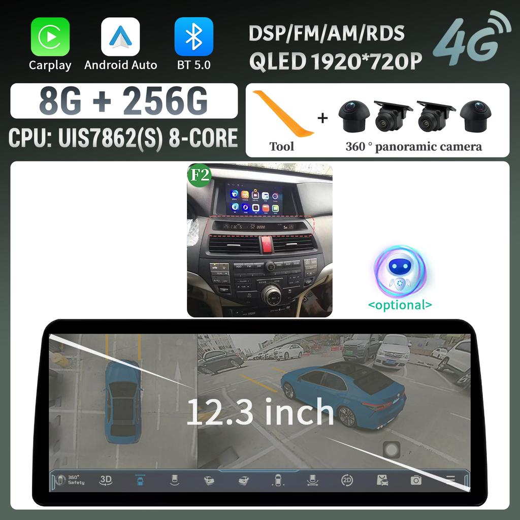 12.3inch For Honda Accord 8 2009-2013 Car Radio Multimedia Navigation Wireless Bluetooth CarPlay 4G GPS Screen Head Unit Stereo