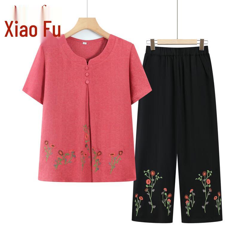 Women s Embroidered Linen-Blend T-Shirt & Capri Set 3XL