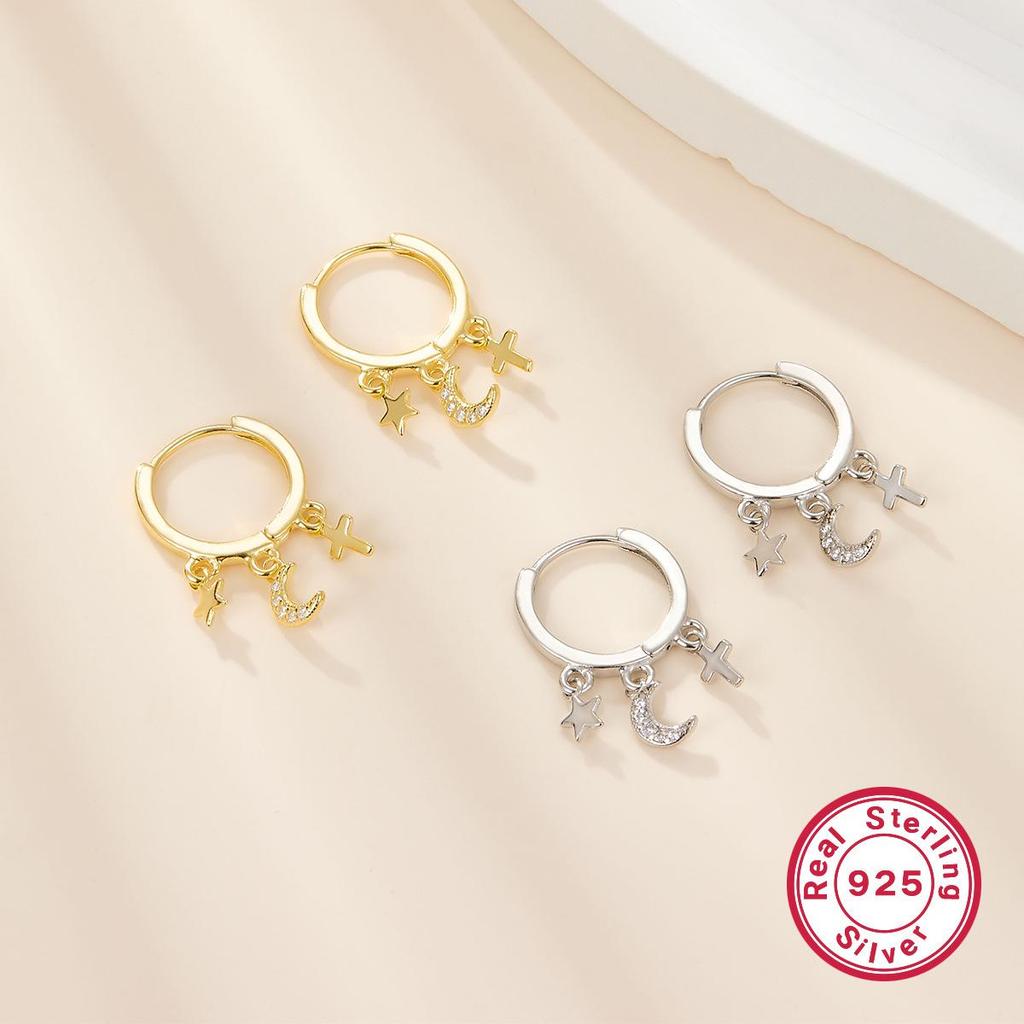 Sterling Silver Star, Moon & Cross Zircon Earrings – Trendy and Versatile