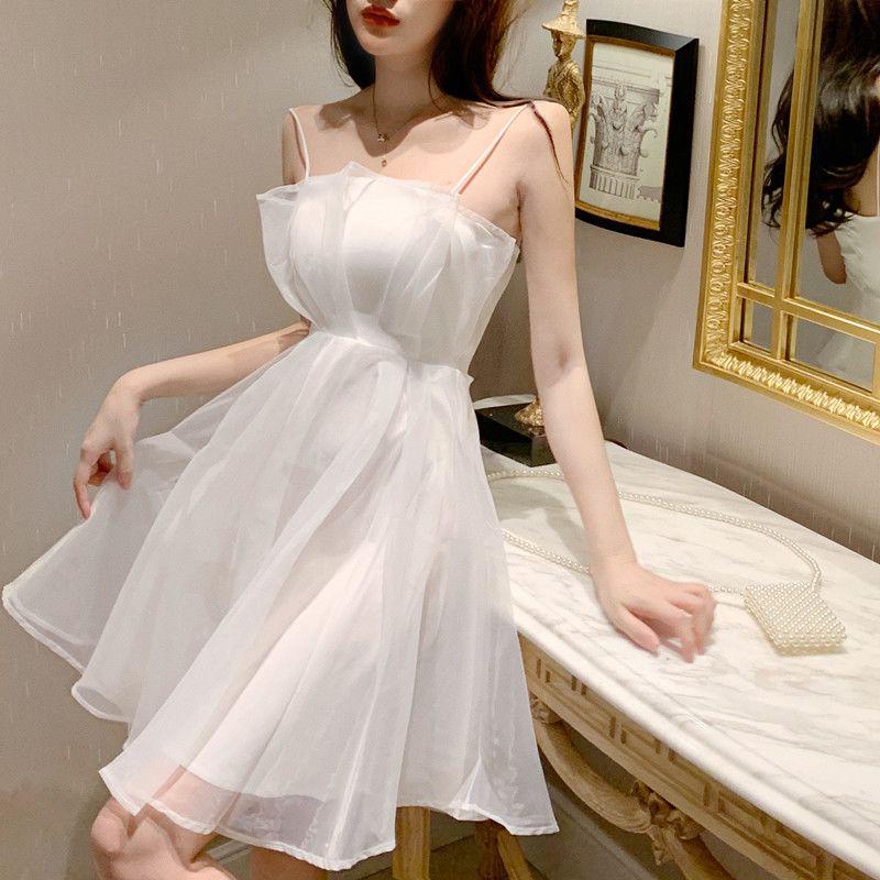 Chic Fairy Bubble Gauze Spaghetti Strap A-line Dress - Petite, Waist-Cinched, Short & Elegant L (99-113 lbs) белый
