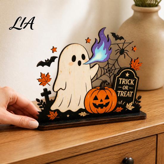 Festive Entryway Countertop Accents Halloween Ghost Ornaments with Pumpkin Tombstone and Bat Elements, Wooden Gift for Home Decor Tabletop Decorations