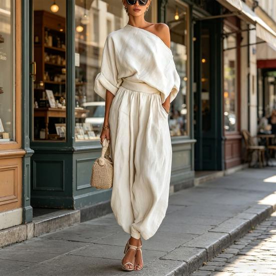 Dámské dvoudílné outfity Krátký rukáv Mimo rameno Pulovr a Volné Harem kalhoty Set Letní Dovolená Relaxační sady