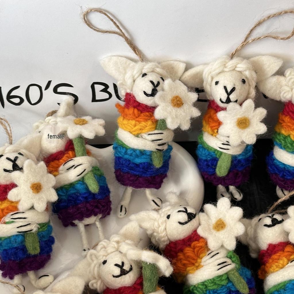 Lamb-Shaped Wool Felt Flower Keychain Ornament