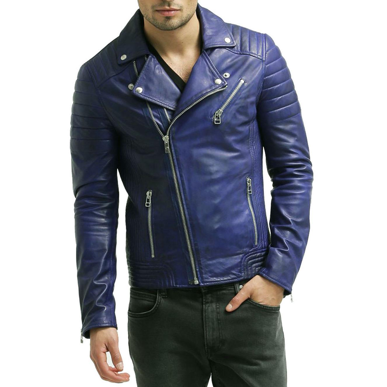 

SkinOutfit Men s Genuine Lambskin Blue Leather Jacket Stylish Motorcycle Bomber Biker Outerwear MJ 233 XXXL синій