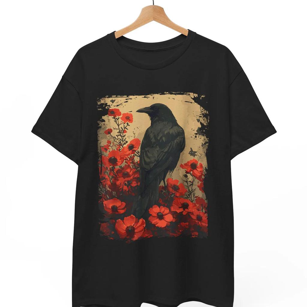 Enchanted Floral Crow T-Shirt, Vintage Gothic Raven Tee, Dark Cottagecore Aesthetic Shirt, Witchy Botanical Apparel Men Tee