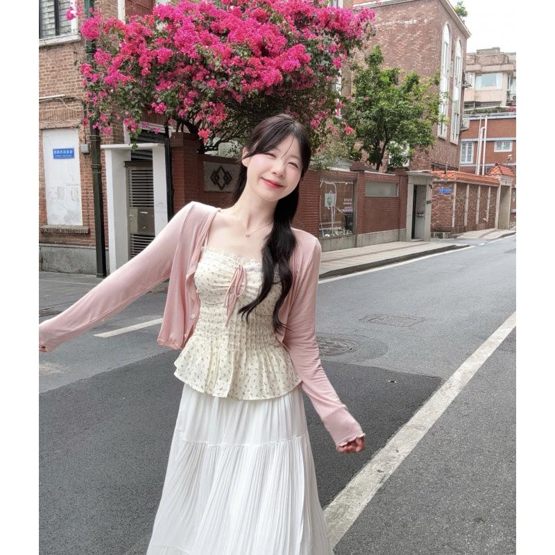 Plus Size Floral Lace Trim Camisole & Cardigan with Pleated Chiffon Skirt Set