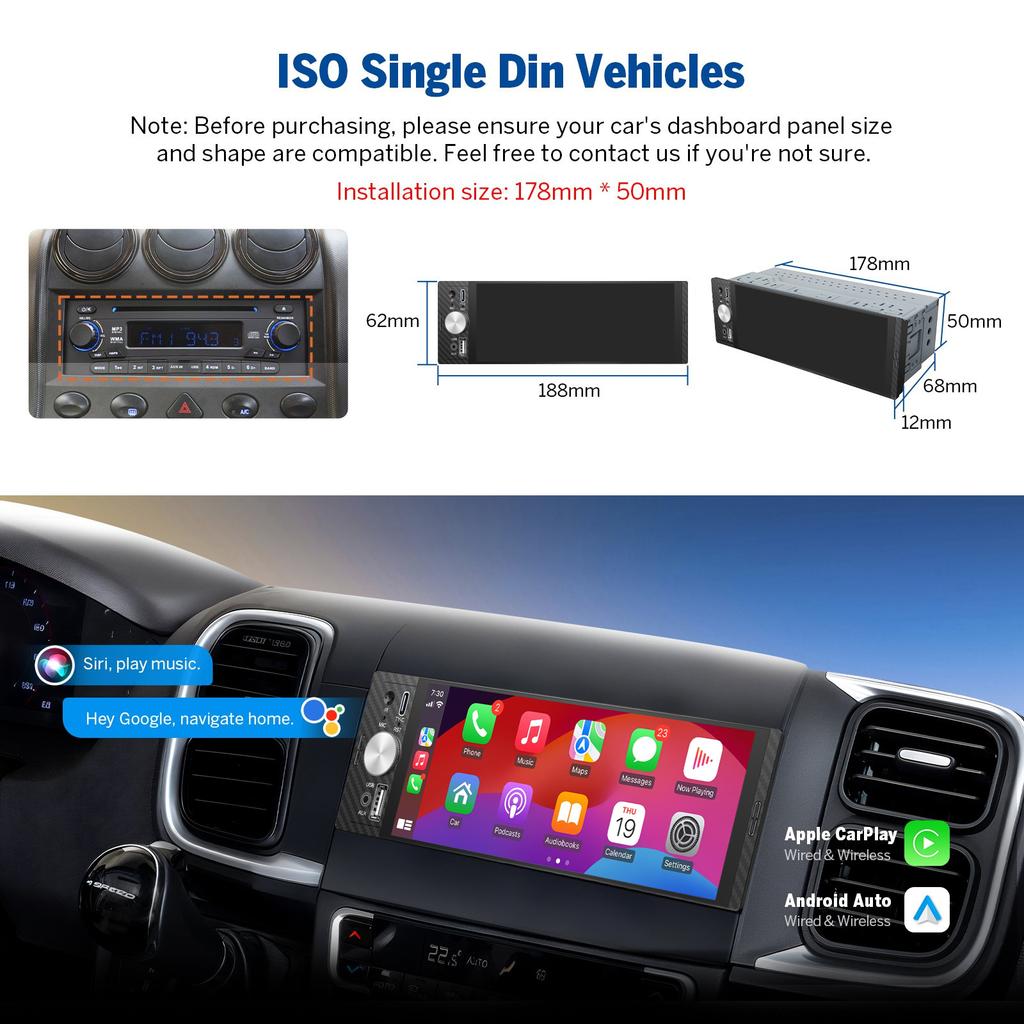 LEHX 6.36 Inch 1DIN Universal MP5 Car Radio Support Wireless Carplay Android AUTO AUX IPS Touch Screen Multimedia Video Player
