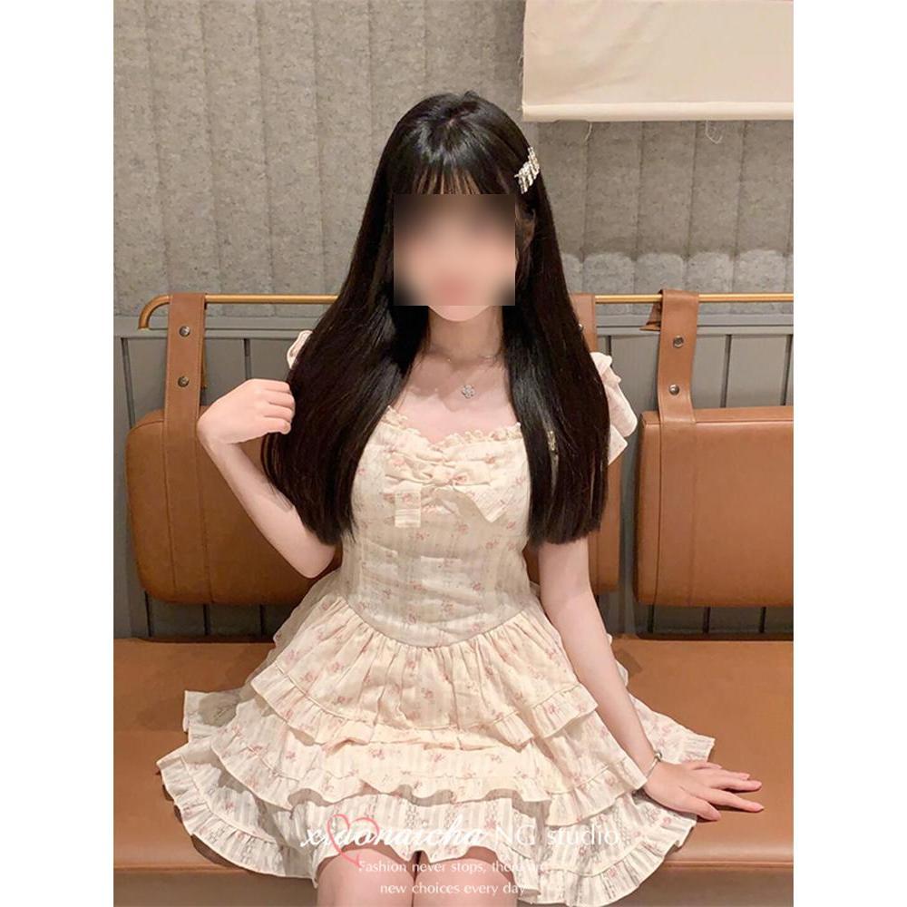 

Фэн Сяо платье с рукавами-фонариками с цветочным принтом женское летнее нежное с заниженной талией пушистое платье-торт короткая юбка XL- (recommended 110-60kg)