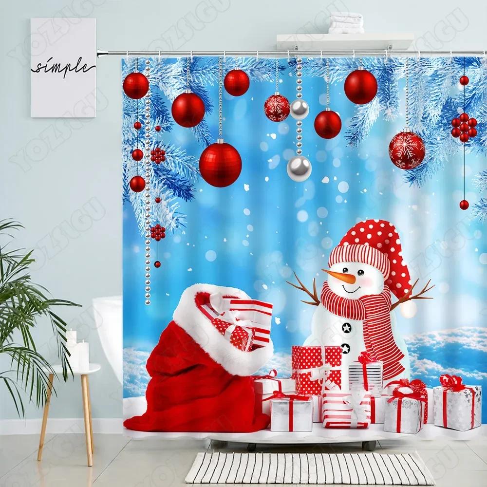 Niedlicher Schneemann Weihnachten Duschvorhänge Rotes Seil mit Kugel Tannenzweig Schnee Geschenk Kreative Weihnachten Neujahr Badezimmer Dekor Duschvorhang