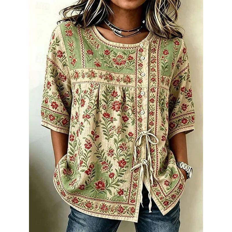 Women's Spring Summer Vintage Floral Print Tie Front Top, Casual Buttoned Drawstring Printed Blouse