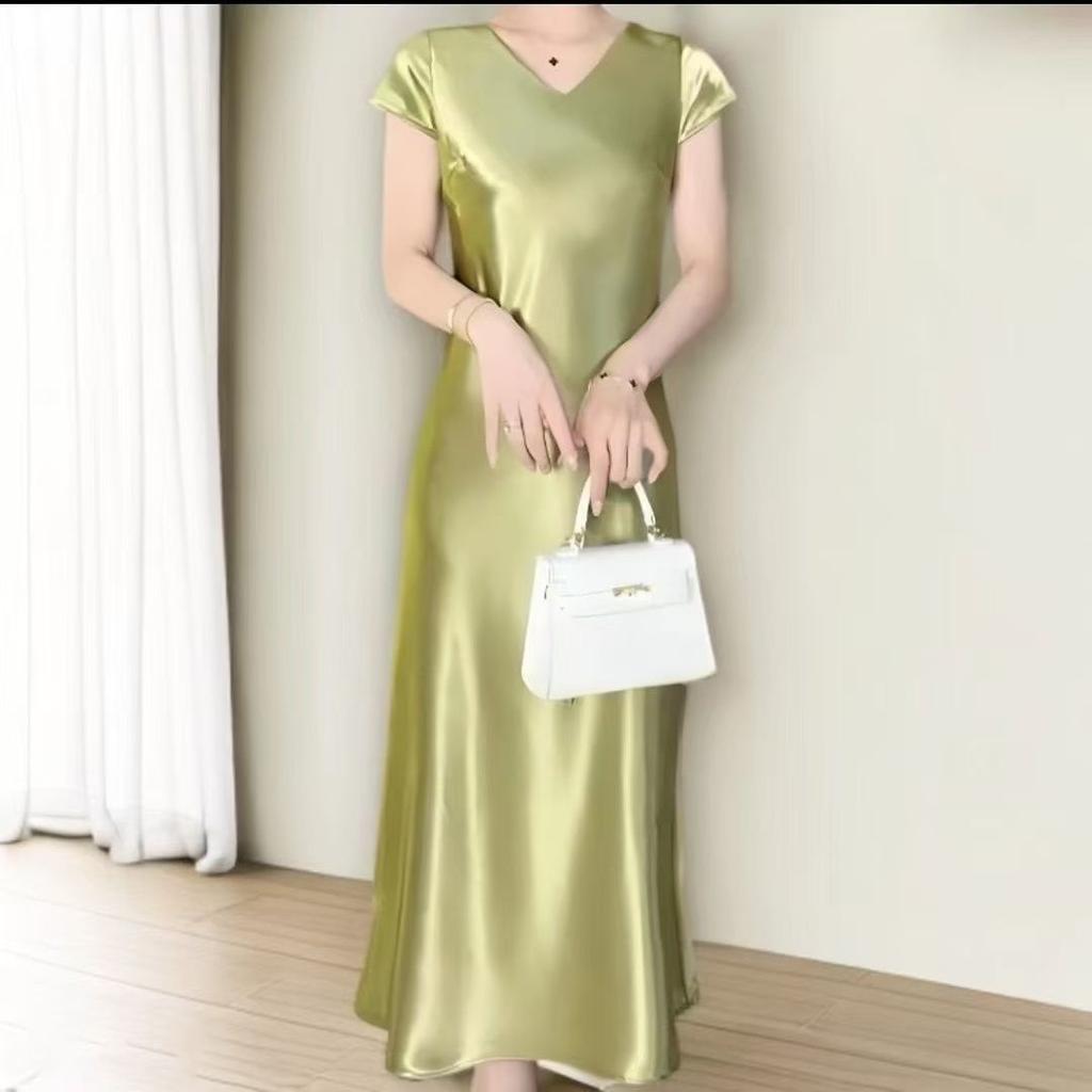 Elegant Satin Short Sleeve Mermaid Dress Slimming Summer French Style High Quality Long Dress