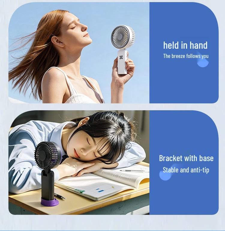 USB Rechargeable Cartoon Handheld Desktop Fan with Phone Holder & Silent High-Power Wind