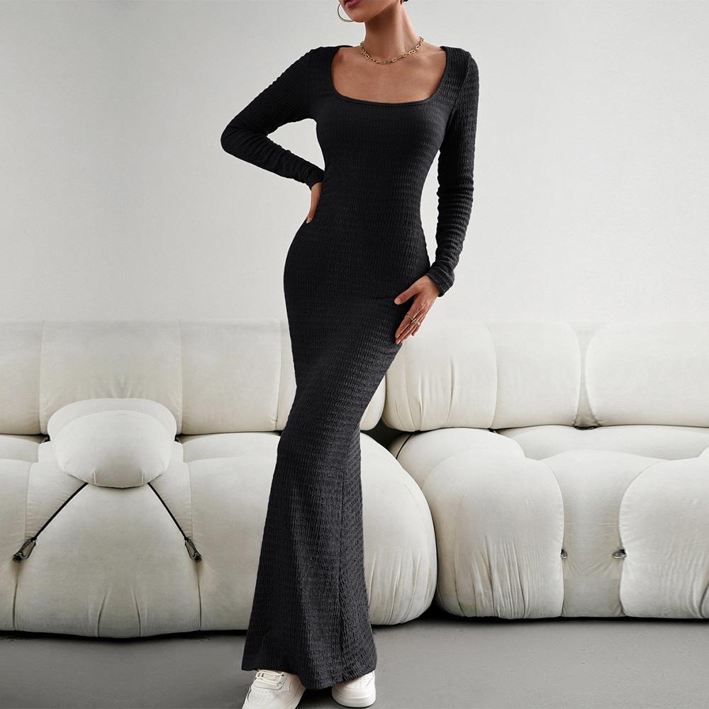 Abito da donna in maglia tinta unita a maniche lunghe con scollo quadrato slim fit autunno