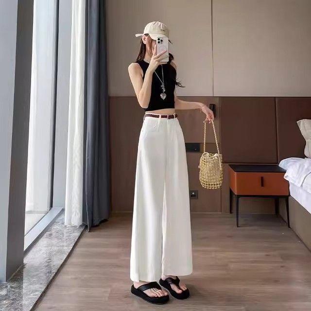 

White Tencel Lyocell High Waist Wide-Leg Jeans for Petite Women - Summer Thin Drape Nine-Point Pants 2XL (135-150 lbs)