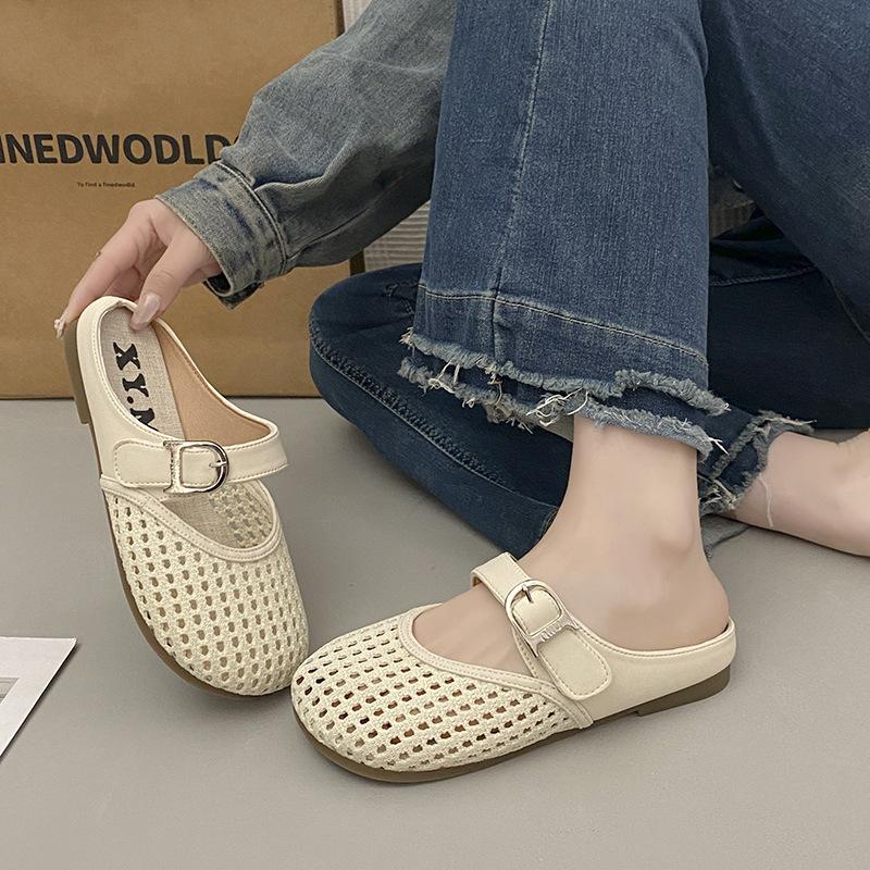 2025 Summer New Light Mouth One-word Buckle Belt Hollow Round Head Slope Heel Cool Slippers Women's Retro Sweet Half-pack Slippers