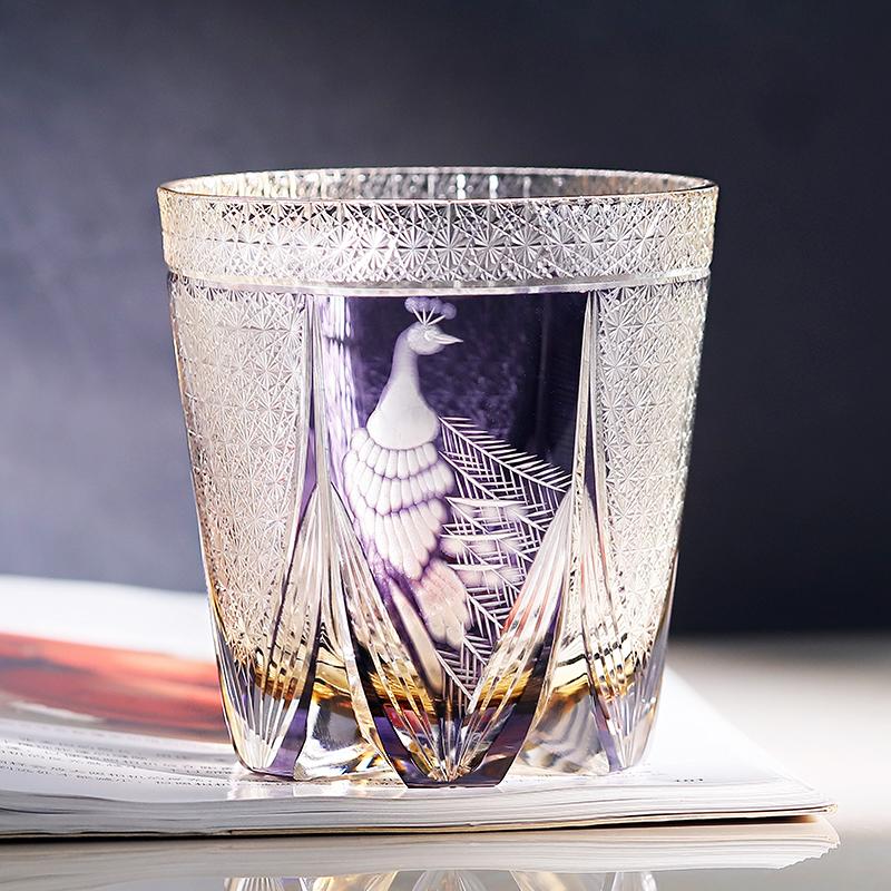 

320 Ml Luxury Green Purple Colored Glass Old Fashioned Tumbler Hand Carved Peacock Whiskey Rock Glasses In Gift Box 320ml фиолетовый