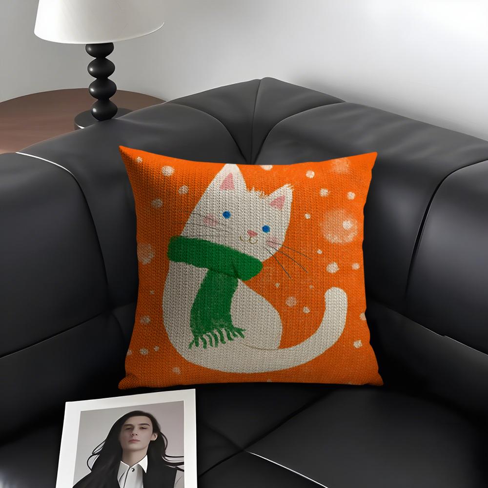 Cat Cute Cushion Cover Natural Linen Organic Fabric DoubleSided Printing Sofa Home Decor Gift Pillow Case