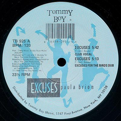 Disque 12 pouces PAULA BRION - Excuses TB925 Tommy Boy 1988 US Dance & Electronica Occasion