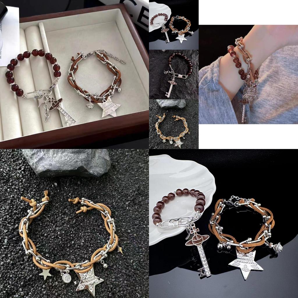Chic Brown Leather Star Beads Bracelet Trendy Unique Design For Men And Women