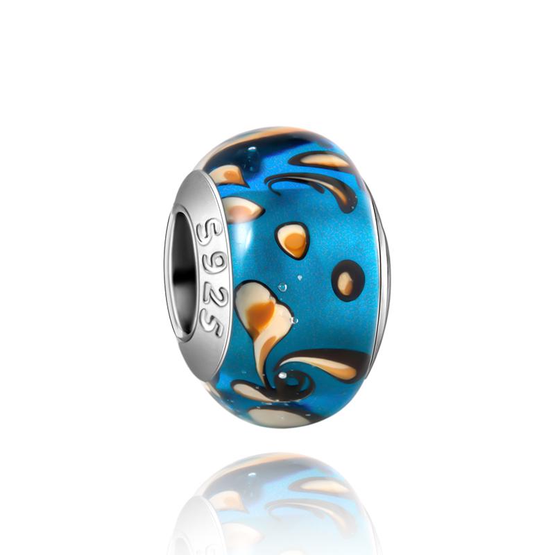  Charm Murano Vague Bleu Foncé Cuivré Coloré Compatible Bracelet Original Joli Charme Perles en Verre de Murano Fleur Rose Bijou