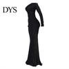 Slim Fit Dress Lady Evening V Neck Off Shoulder Side Slit Floor Length Long Ball Gown Sleeves Pleated Maxi Banquet Party Solid Color