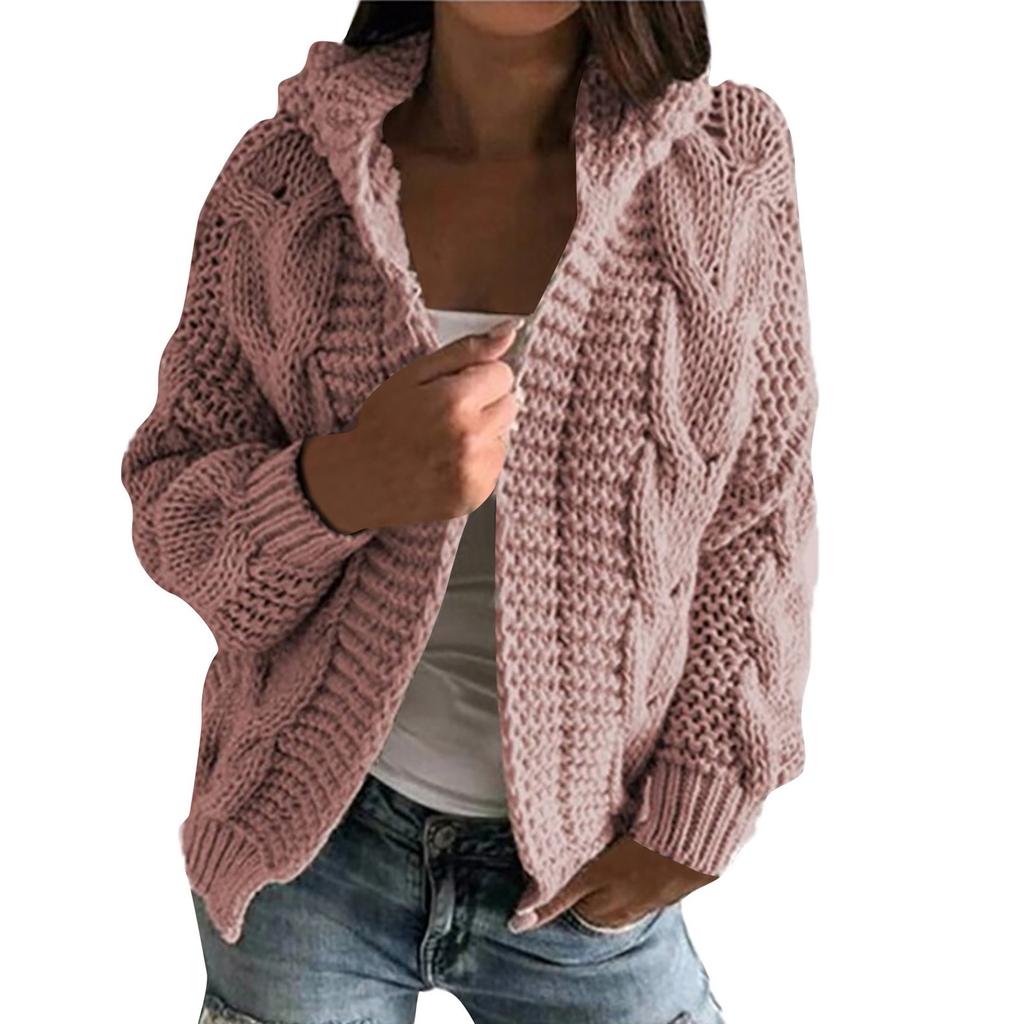 Women's Autmn And Winter Hooded Jacket Solid Color Knitted Cardigan Sweater