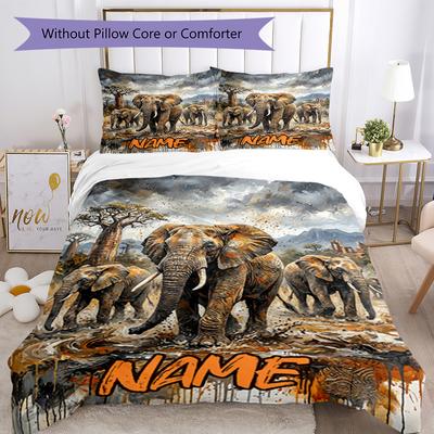 3pcs Custom Name Elephant Bedding Set Duvet Cover Closure Includes 1 Duvet Cover & 2 Pillowcases, Soft and Comfortable for All Seasons.
