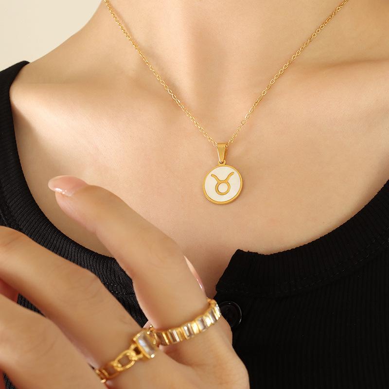 French-Inspired Zodiac Pendant with White Mother-of-Pearl Inlay On 18K Gold-Plated Chain