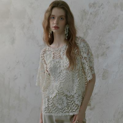DIMANAF 2025 New T-Shirt Women Knitting Lace Flower O-Neck Hollow Summer Style Basic Tops Tees Loose Clothing