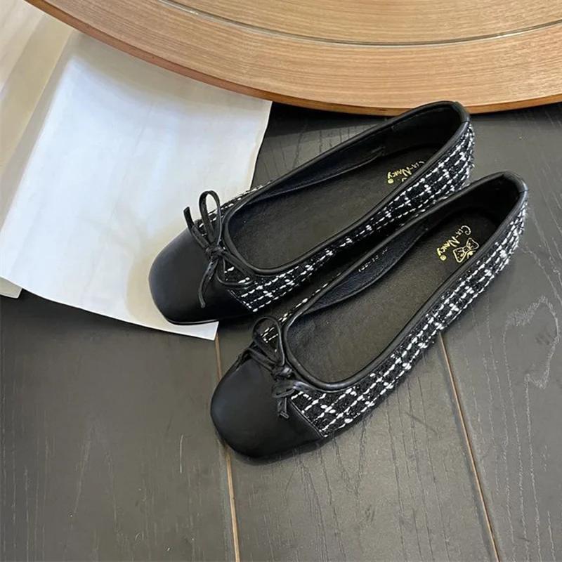 Fashion Patchwork Bowknot Flats Women Square Toe Soft Sole Single Shoes Woman Non Slip Ballet Flat Shoes