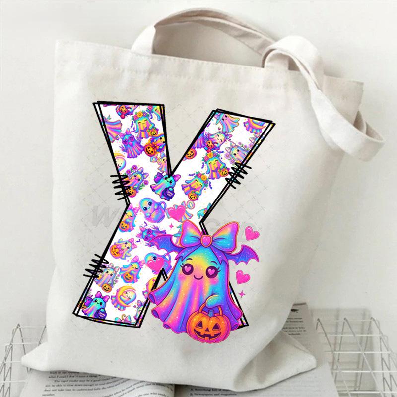Halloween Alphabet Canvas Bag Going Out Portable Handbag Women's Large Capacity Casual Shoulder Crossbody Bag