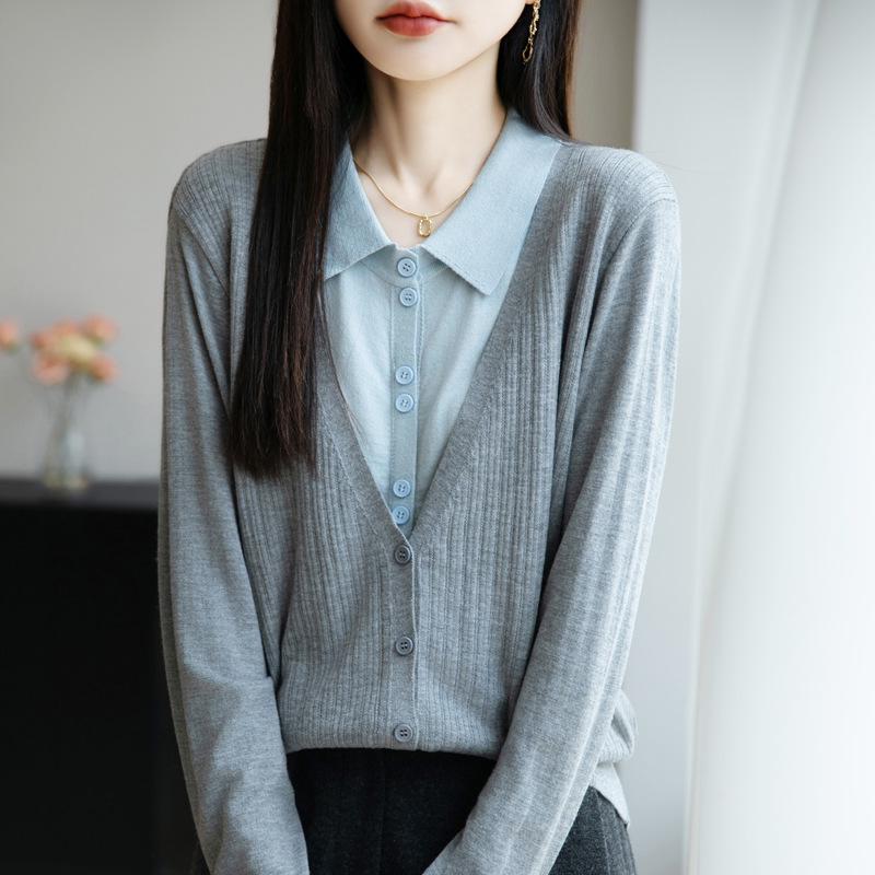 

2025 A/W Women’s Loose Knit Cardigan – Polo Collar, Layered Look, Long Sleeve Outerwear Extra Extra Large