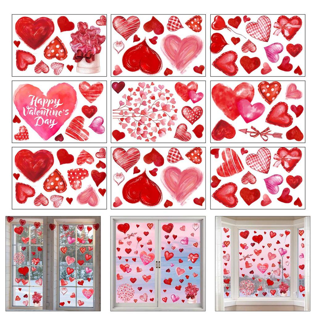 9 Sheets Watercolor Love Heart Print Window Decal Romantics Valentines Day Decors for Glass Door Window Sticker Clings