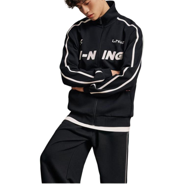 Li Ning Sports Fashion Series American Retro Letter Print Straight Loose Stand Collar Early Autumn Jacket Men Jacket Black AWDU775-2