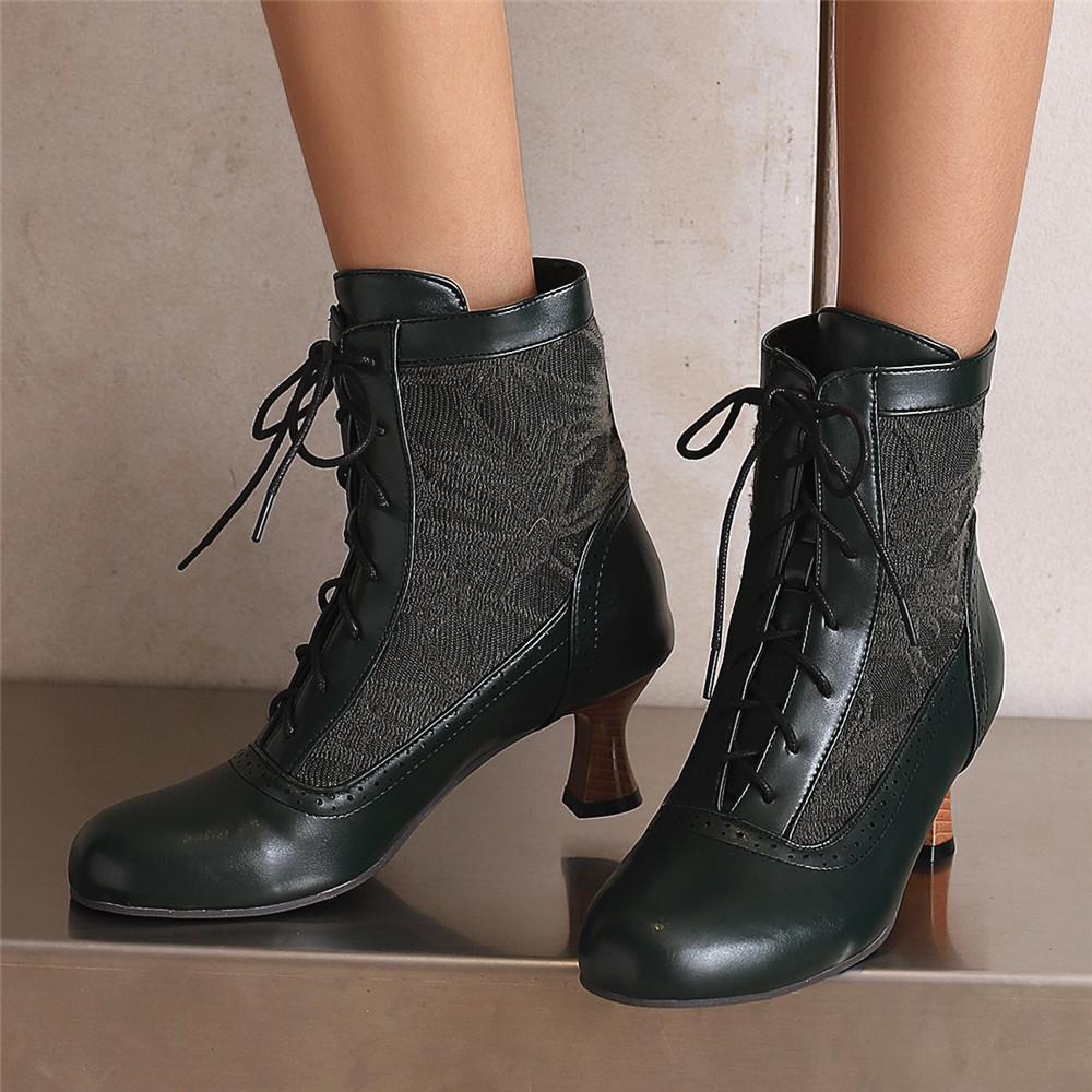 Fashion 2025 Women Victorian Pointed Toe Ankle Boots Leather Lace Hollow Out Punk Lace Up Strange Steampunk High Heel Shoes Size 34-46