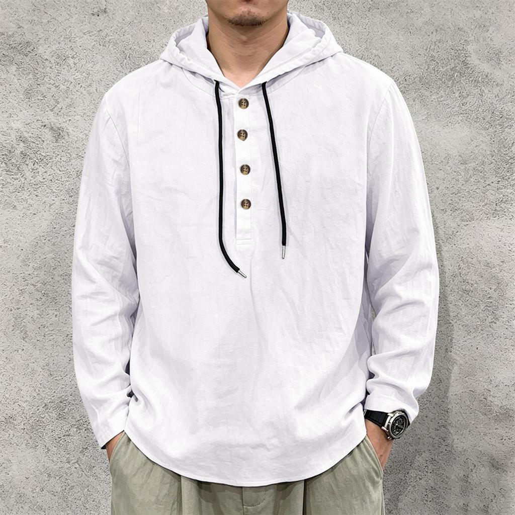 Men's Long Sleeve Hoodie Shirt Linen Drawstring Button Front Pullover Casual Loose Fit Lightweight Top for Spring Autumn
