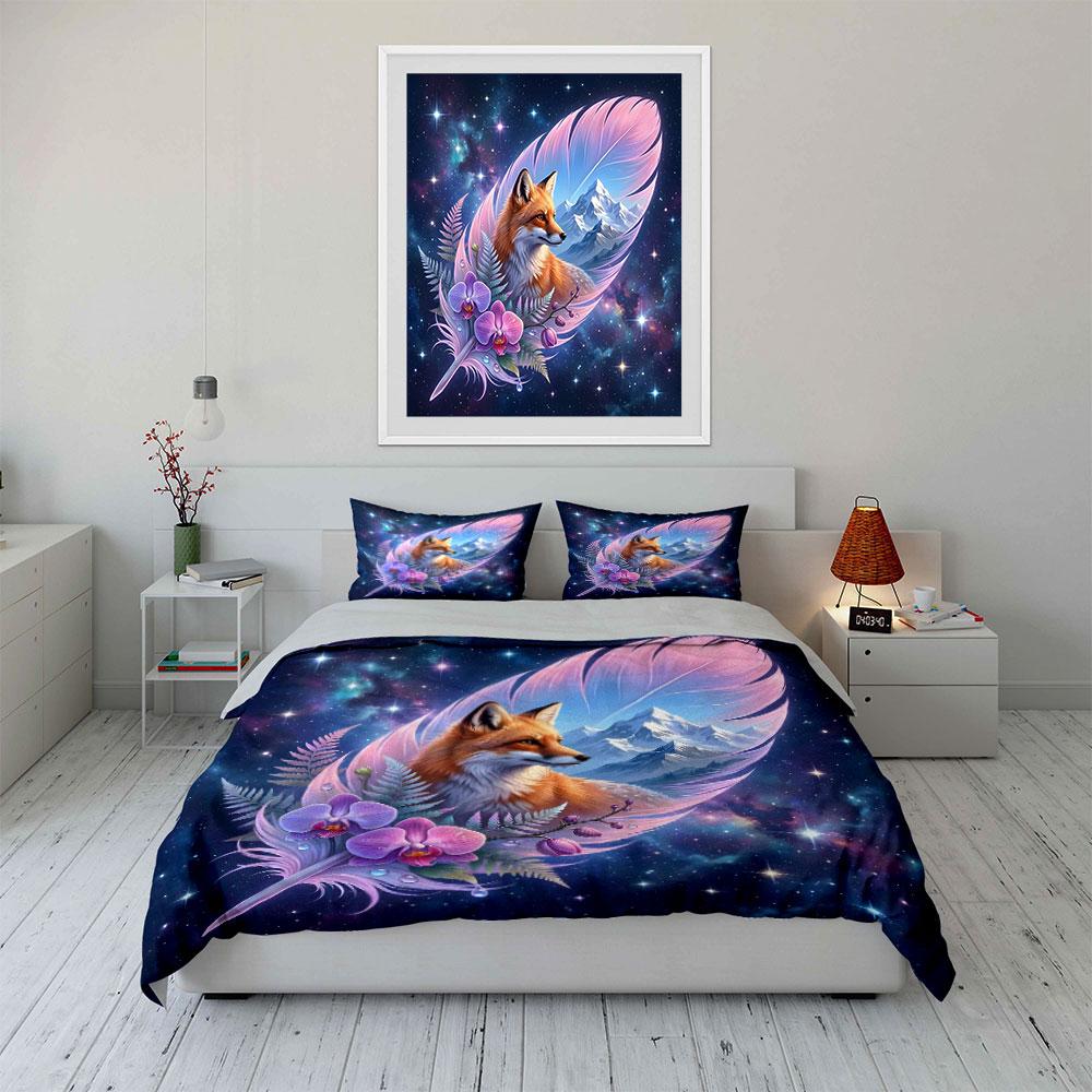 Fox and Mountain Feather Art Bedding Duvet Cover Set  (1*Duvet Cover 2*Pillowcases, Without Duvet Insert)