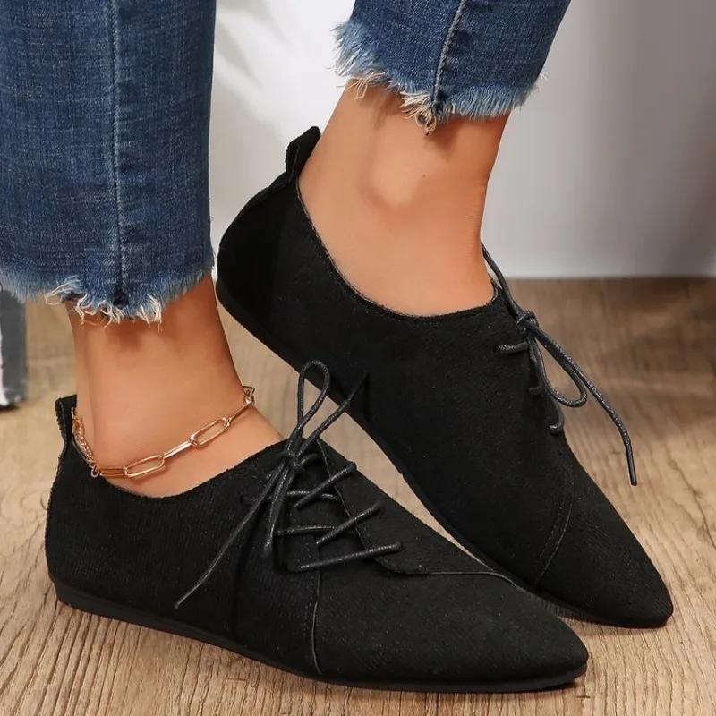 Fashion Fashion Pointed Shoes Female Shoes Daily Casual Shoes Classics Black Lace-Up Comfortable Flats Women's Flat ShoesAutumn
