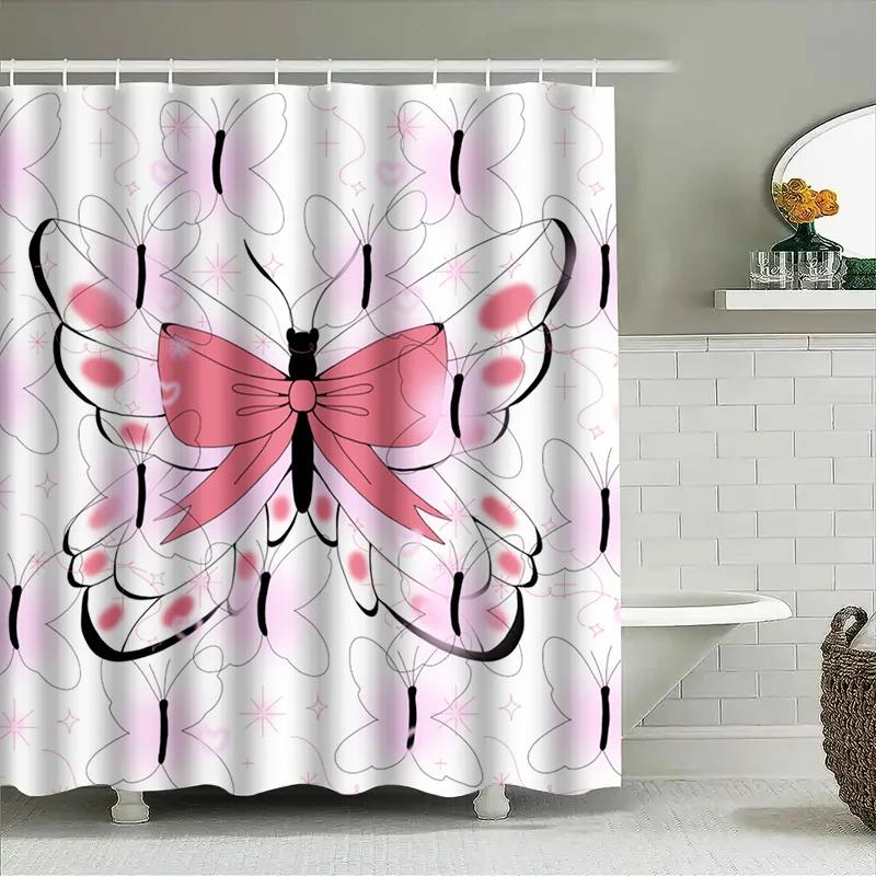 Pink Butterfly Shower Curtain With Black Outline Pattern For Bathroom Decor Waterproof Fabric, Flower Design Home Bath Accessori