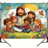 One 2D flat banner background featuring Jesus and children - cute kids bright butterflies and colorful natural sceneszyc