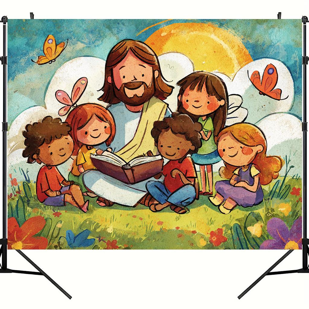 One 2D flat banner background featuring Jesus and children - cute kids bright butterflies and colorful natural sceneszyc