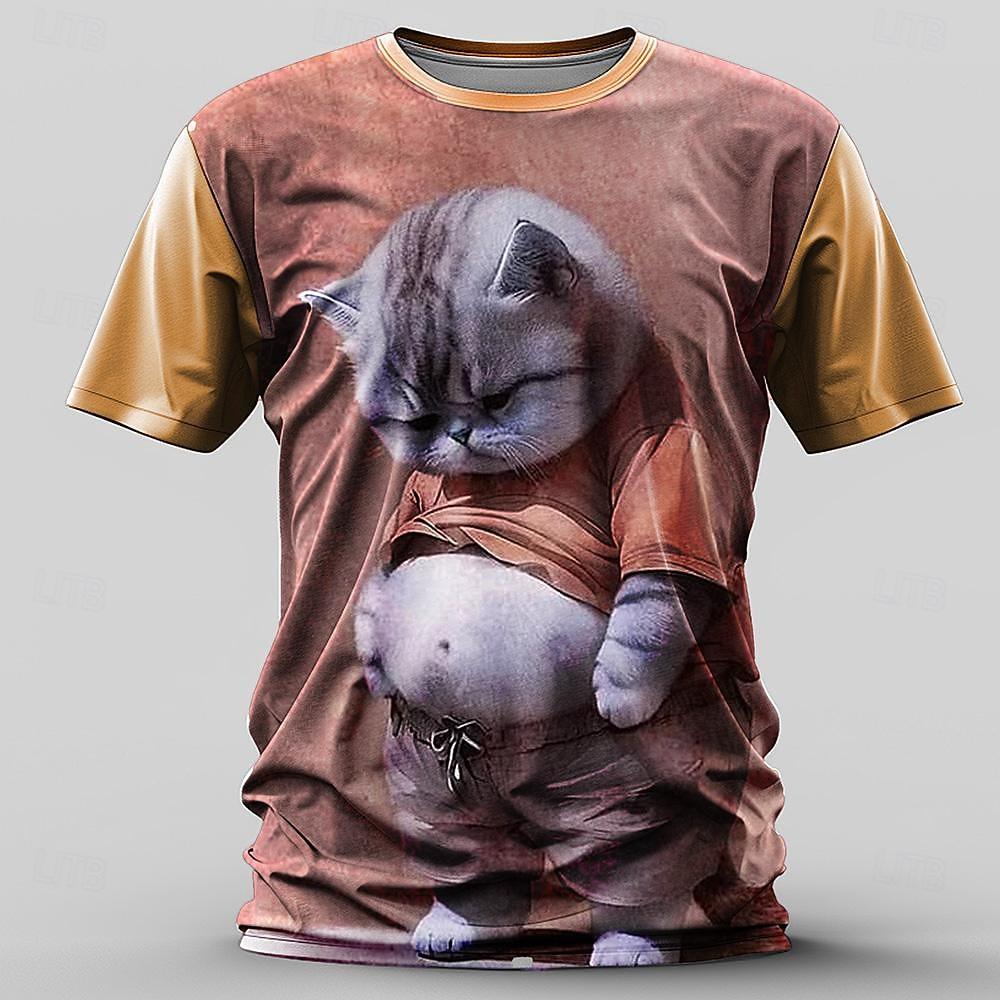 Summer Round Neck 3D Cute Cat Print Top Fashionable Casual Short Sleeved Men's T-shirts