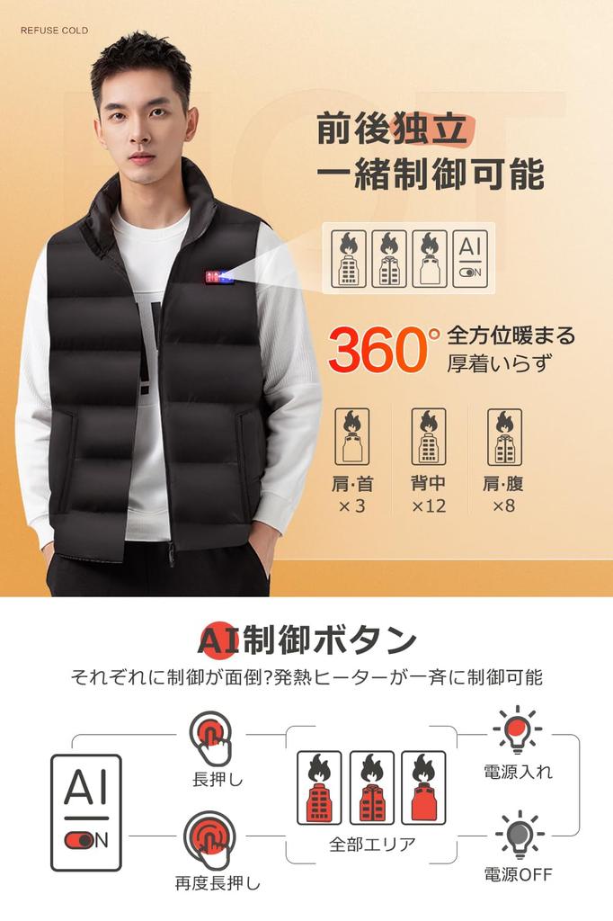 Fomte Electric Heated Vest Heating Front and Back Independent Simultaneous with Large 3 Temperature Power Made In Fully for Men and Heated Cold