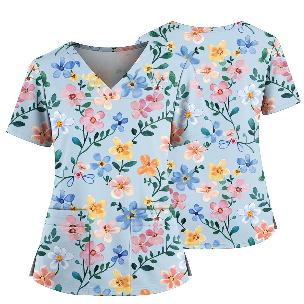 Women's Casual Printed V-Neck Pocket Side Slit Short Sleeved Top Short Sleeved Top