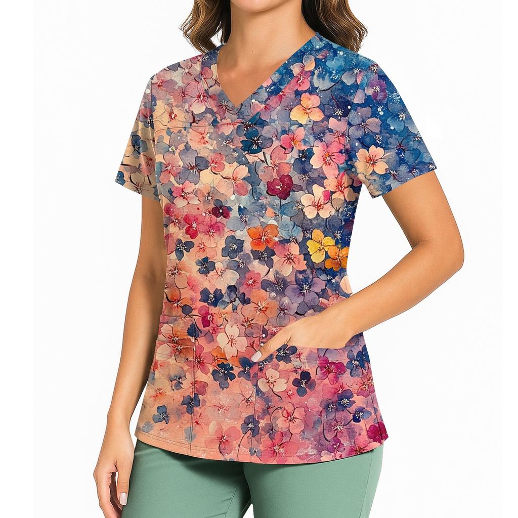 Women's Floral Print V Neck Medical Scrub Top with Side Slits Short Sleeve Professional Nurse Uniform Shirt for Healthcare Workers
