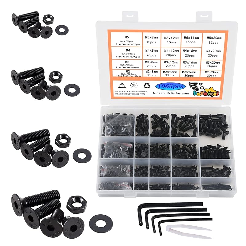 1180pcs Metric Nuts and Bolts Washers Assorted Set M2 M3 M4 M5 Black Hex Socket Head Cap Screws Bolts and Nuts Kit Thread Machine Hex Bolt Set