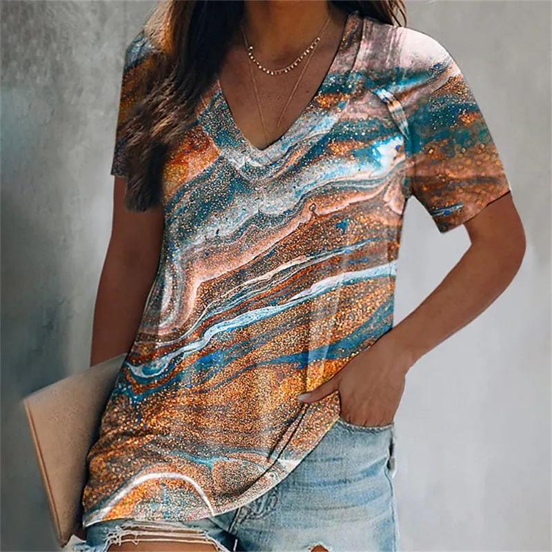 Colorful Tassels Print T-Shirt Fashion Women's Short Sleeve V-Neck T-Shirt 2024 Summer Casual Elegant Women's Large Size T-Shirt