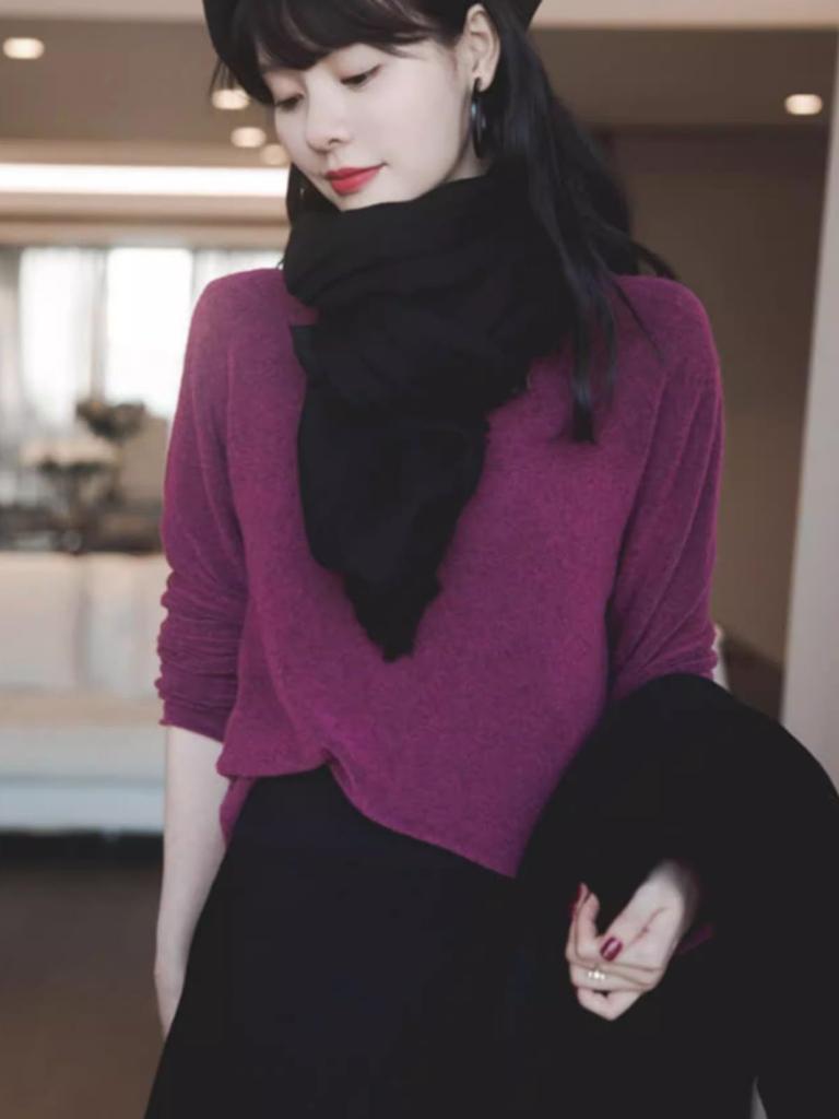 YF Wool Knit Long Crew Korean Crew Neck Long Sleeve Winter Wine XL 100% Sweater, Sleeve, Neck, Mid-Length, Fluffy, Warm, Stylish, Fashion, Elegant,