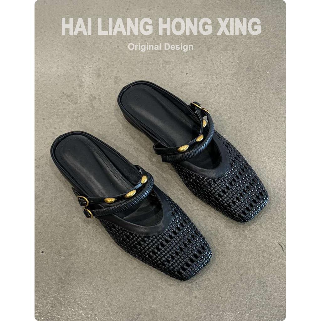 Sheepskin version retro inner heightening bag head half slippers women's outer wear temperament woven hollow cool slippers